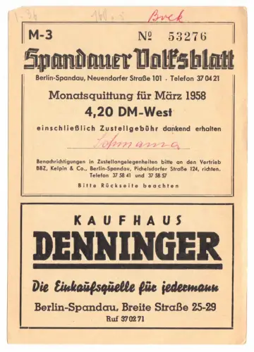 Zeitungsquittung im AK-Format, Berlin Spandau, Spandauer Schleuse, um 1958