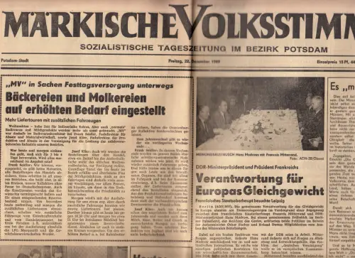 Tageszeitung, Märkische Volksstimme Potsdam, 22.12.1989, [Wendezeit]