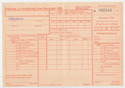 Bestellung zur Auslieferung fester Brennstoffe 1989, Kohlenkarte