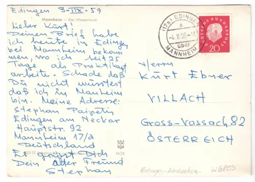 Bedarfs-PK, Mi.-Nr. BRD 304, EF, o (17a) Edingen über Mannheim, 4.8.59, Postst.