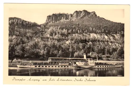 AK, Fels Lilienstein Sächs. Schweiz, Raddampfer "Leipzig", 1956