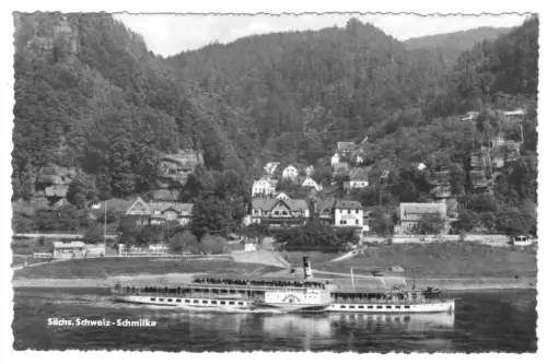 AK, Schmilka Sächs. Schweiz, Teilansicht, Raddampfer "Leipzig", 1965
