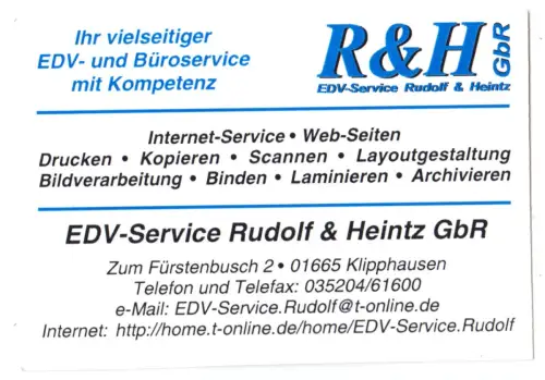 Kalender Scheckkartenformat, 1999, Werbung: EDV-Service R & H GbR, Klipphausen