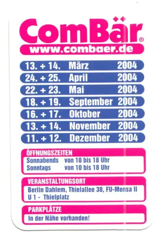 Kalender Scheckkartenformat, 2004, Werbung: ComBär Berlin Dahlem