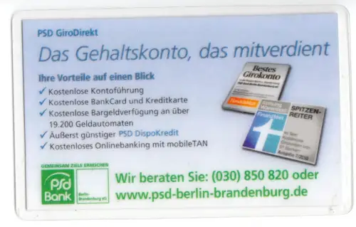 Kalender Scheckkartenformat, 2013, Werbung: PSD Bank Berlin-Brandenburg