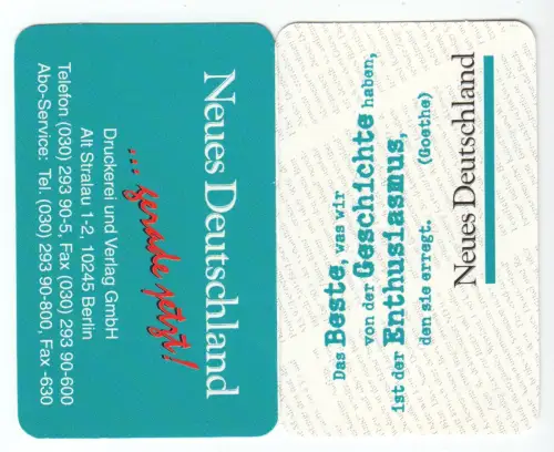 Kalender Scheckkartenformat, 1999, Werbung: Zeitung "Neues Deutschland"