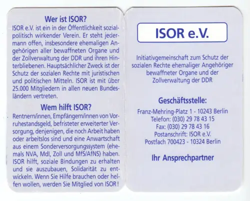 Kalender Scheckkartenformat, 1999, Werbung: ISOR e.V.