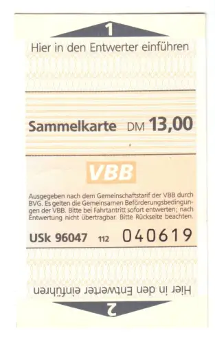 Sammel-Fahrkarte (4 Fahrten - 13,00 DM), Berlin BVG VBB, nicht entwertet, 1996