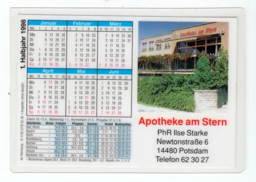Kalender Scheckkartenformat, 1998, Werbung: Potsdam, Apotheke am Stern