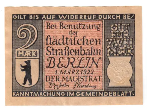 Notgeld Berlin 1922, 2 Mark, Straßenbahngeld, Abb.: Potsdamer Bahnhof 1838
