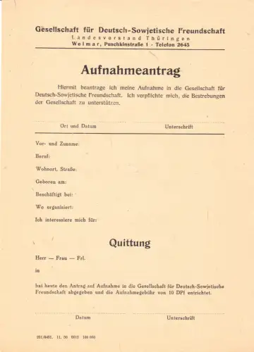Aufnahmeantrag, Gesellschaft für Deutsch-Sowjetische Freundschaft, 1950, blanko