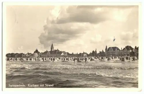 AK, Swinemünde, Swinoujscie, Kurhaus mit Strand, 1938