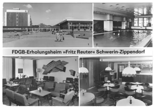 AK,  Schwerin Zippendorf, FDGB-Heim "Fritz Reuter", vier Abb., 1986
