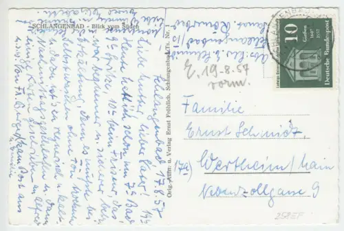 Bedarfskarte, Michel-Nr. BRD 258 EF, o Schlangenbad, 17.8.57