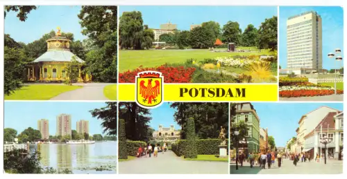 AK lang, Panoramakarte, Potsdam, sechs Abb. und Wappen, 1984