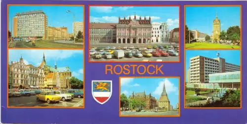 AK lang, Rostock, sechs Abb., Stadtwappen, 1986
