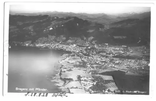 AK, Bregenz, Vorarlberg, Luftbildtotale mit Pfänder, 1928