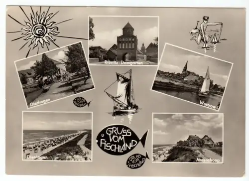 AK, Ribnitz-Damgarten, Gruß vom Fischland, fünf Abb., gestaltet, 1966