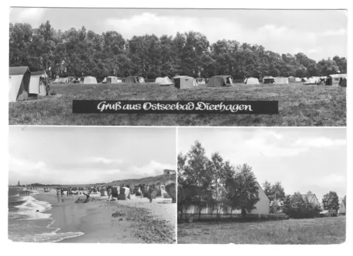 AK, Ostseebad Dierhagen, Kr. Ribnitz-Damgarten, drei Abb., Zeltplatz und Heime
