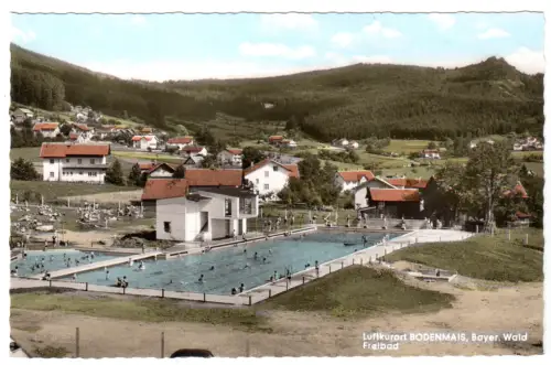 AK, Bodenmais Bayer. Wald, Teilansicht mit Freibad, um 1962
