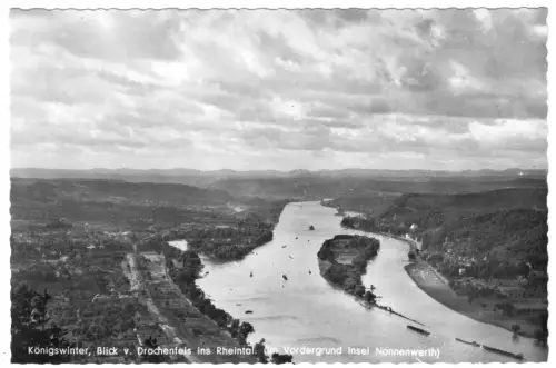 AK, Königswinter, Blick vom Drachenfels ins Rheintal mit Insel Nonnenwerth, 1960