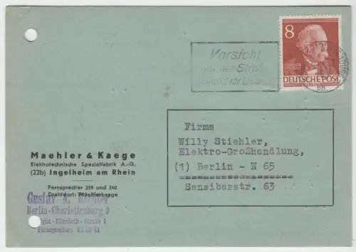 Bedarfskarte, Michel-Nr. Berlin (West) 94, EF, o Berlin-Charlottenburg, 26.10.53