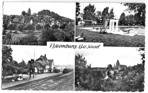 AK, Naumburg Bz. Kassel, vier Abb., u.a. Bahnhof und Freibad, 1965