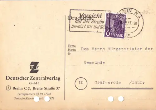 Drucksachenkarte, Michel-Nr. Einheit 944 EF, o Berlin N 4, 5.9.47