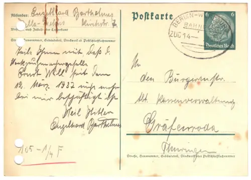 Ganzsache Michel-Nr. DR P 226, o Bahnpost Berlin-Würzburg, Zug 14, 27.10.37