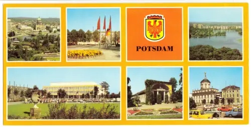 AK lang, Panoramakarte, Potsdam, sechs Abb. und Wappen, 1983