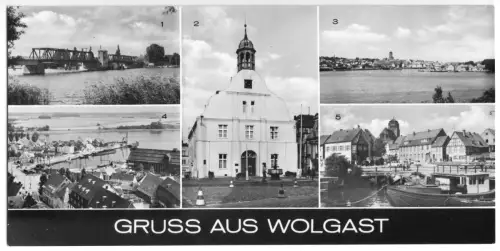 AK lang, Panoramakarte, Wolgast, Gruß aus Wolgast, fünf Abb., 1976
