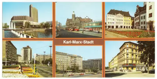 AK lang, Panoramakarte, Karl-Marx-Stadt, sechs Abb., 1989