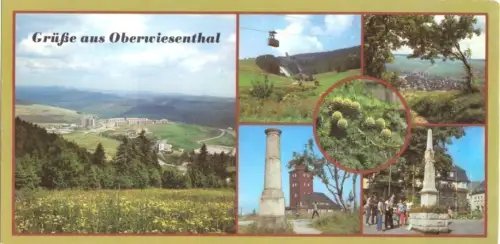 AK lang, Panoramakarte, Oberwiesenthal, 6 Abb., u.a. Postmeilensäule, 1987