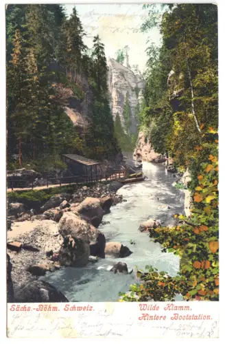 AK, Sächsisch-Böhmische Schweiz, Wilde Klamm, Hintere Bootsstation, 1905
