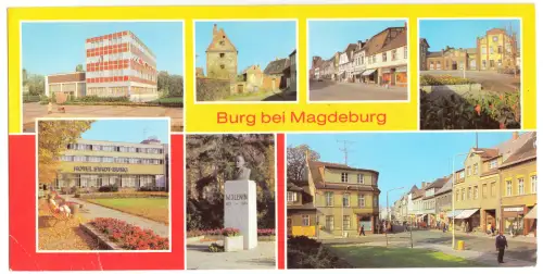 AK lang, Panoramakarte, Burg bei Magdeburg, sieben Abb., 1980
