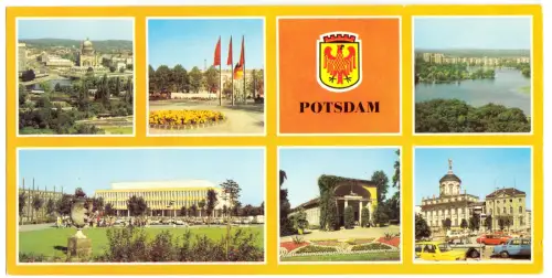 AK lang, Panoramakarte, Potsdam, sechs Abb. und Wappen, 1983