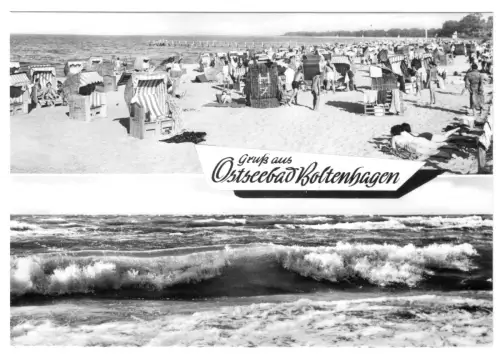 AK, Ostseebad Boltenhagen, zwei Abb., Strand belebt und Wellenberge, 1968