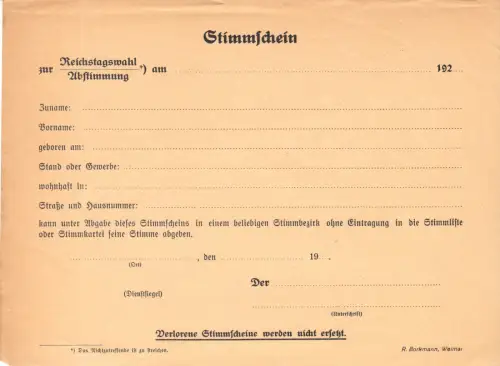 Stimmschein zur Reichstagswahl/Abstimmung, 192_, blanko