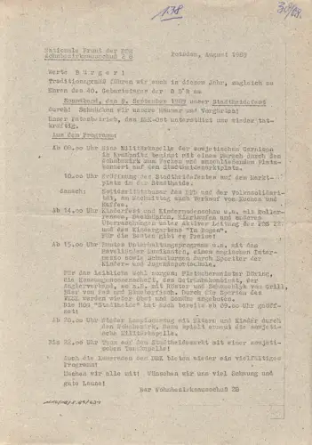 Potsdam, Einladung und Programm zum Stadtheidefest 1989