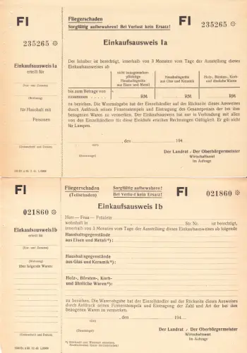 Einkaufsausweis Ia und Ib nach Fliegerschäden (Bombenschäden) im 2. WK, blanko