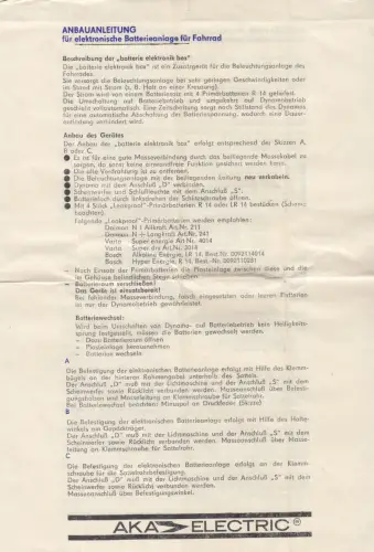 Anbauanleitung für elektronische Batterieanlage für Fahrrad, 1985