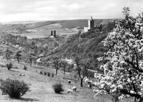 AK, Bad Kösen, Frühlingsstimmung mit Rudelsburg und Burg Saaleck, 1977