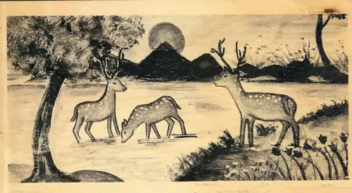 AK aus Holz, Landschaft mit Tieren, Blindenmission, postalisch gelaufen, 2001 