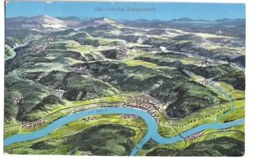 AK, Waldshut und Umgebung, südl. Schwarzwald, Vogelschau-Karte, um 1916