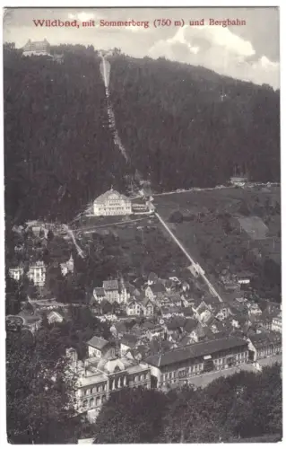 AK, Wildbad im Schwarzwald, Teilansicht mit Sommerberg und Bergbahn, um 1912