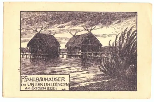 AK, Unteruhldingen Bodensee, Pfahlbaumhäuser, Künstlerk