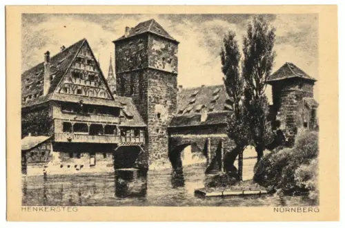 AK, Nürnberg, Partie am Henkersteg, Künstlerkarte, um 1922