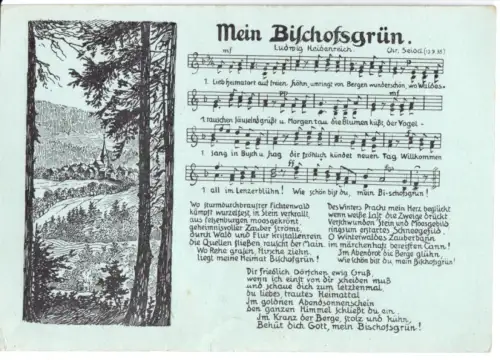 AK, Bischofsgrün, Teilansicht, Künstlerkarte, Noten und Liedtext, um 1938