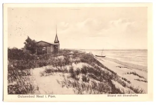 AK, Ostseebad Nest i. Pom., Unieście, Strand mit Strandhalle, 1928