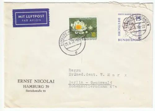 Bedarfsbrief, Michel-Nr. Bln 166 MiF BRD 274, o Hamburg-Flughafen, 21.6.58